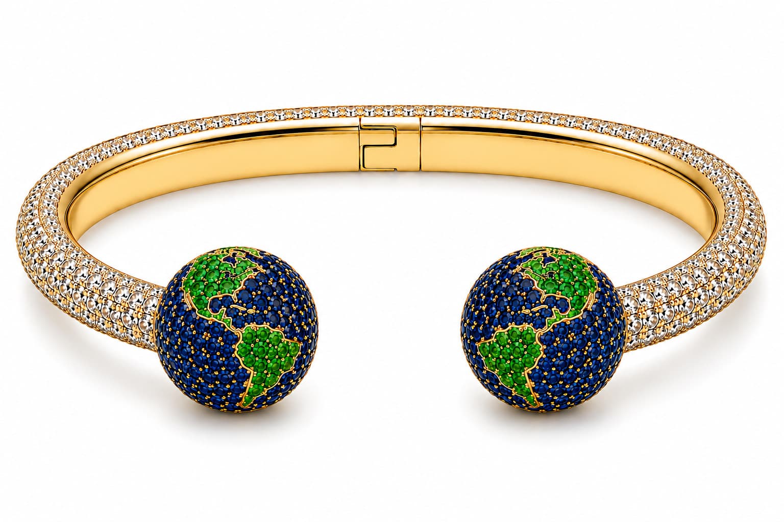 Global, an open cuff in 18K yellow gold with outer white diamonds, a smooth gold inner band, and spherical globe finials in blue and green stones, photographed on seamless white.