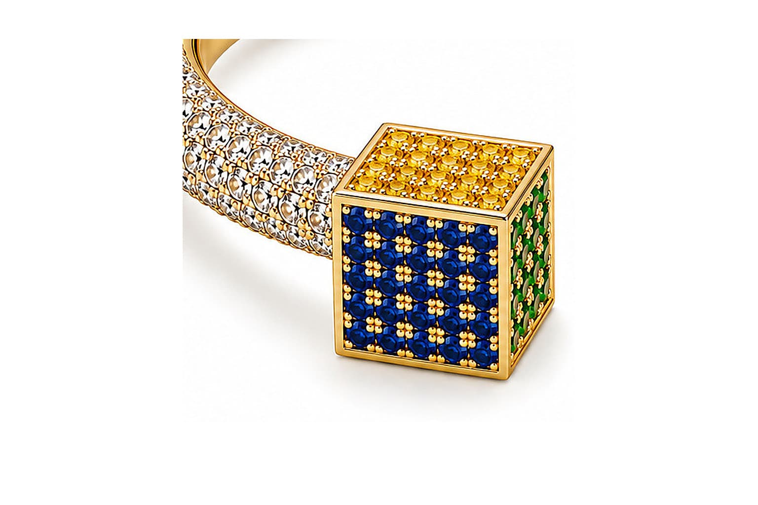 Outside the Box Bracelet, left cube of sapphires, emeralds, rubies, and diamonds.