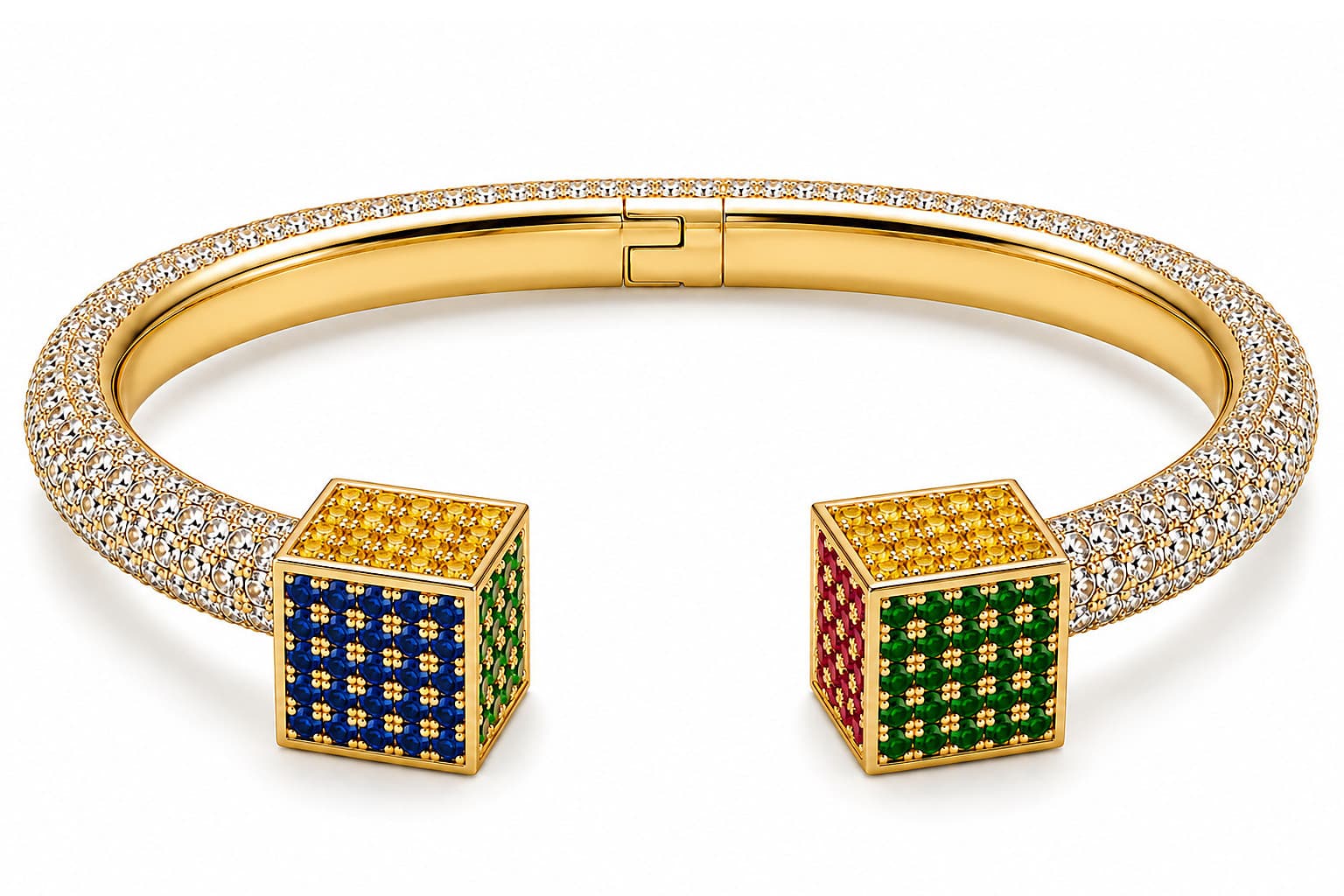 Outside the Box, an open cuff in 18K yellow gold with a white diamond band and cube terminals of round colored stones, photographed on seamless white.